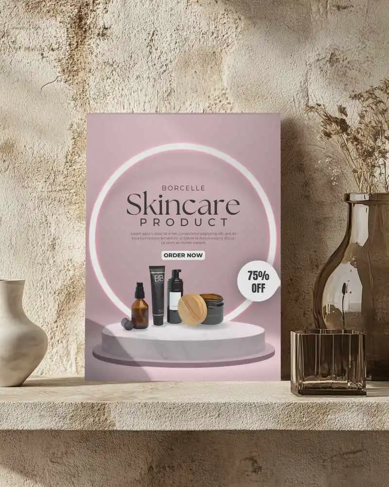 Natural Light A4 Flyer Mockup On Rustic Plaster Wall With Minimal Decor