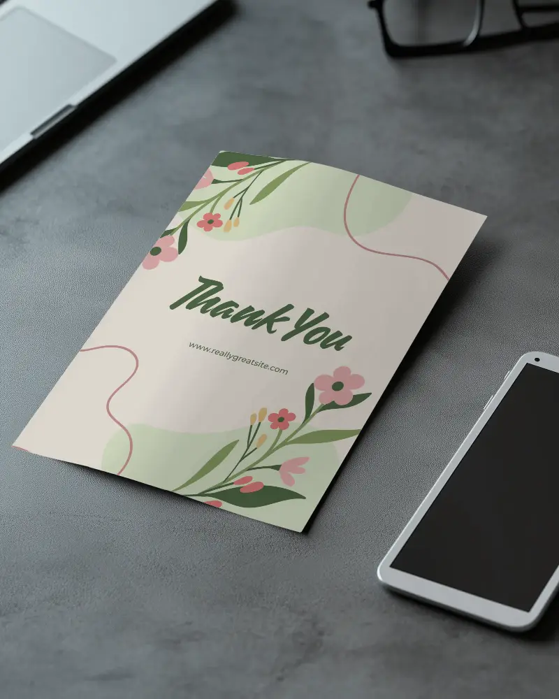 A4 Flyer Mockup On Gray Office Desk With Smartphone And Laptop Professional Setup