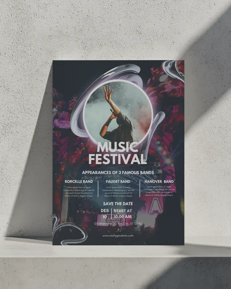 Minimal A4 Flyer Mockup Standing Against Textured White Wall With Hard Shadow Lines