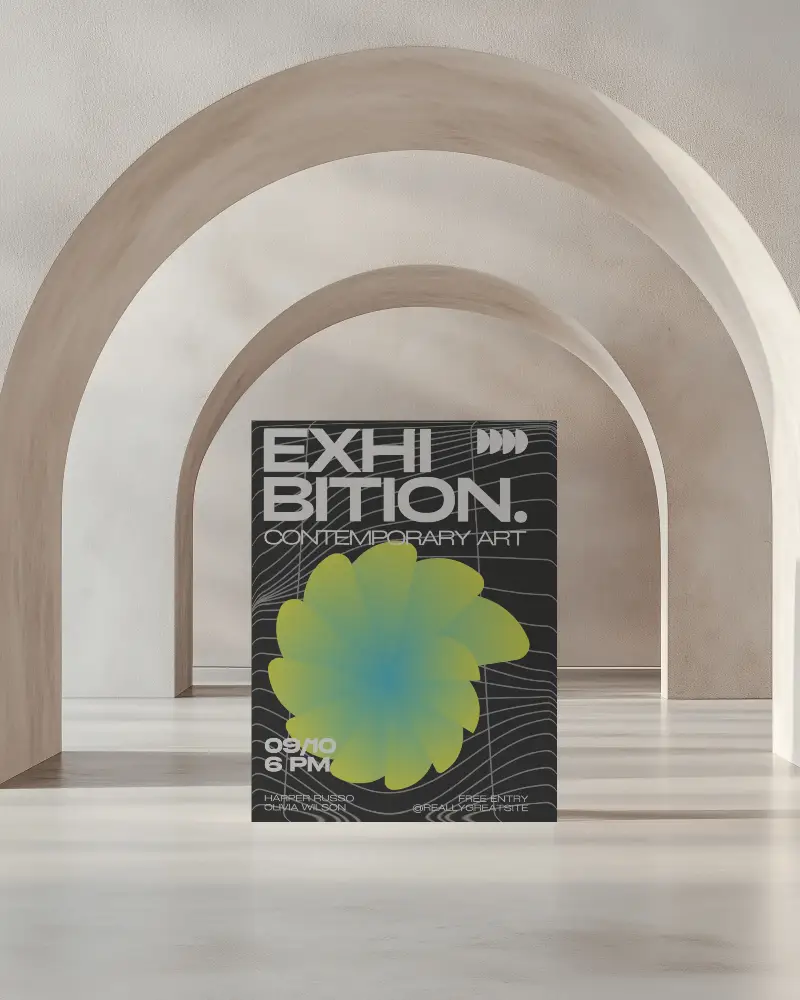 Entered Flyer Mockup In Arched Gallery Setting With Modern Neutral Tones And Depth