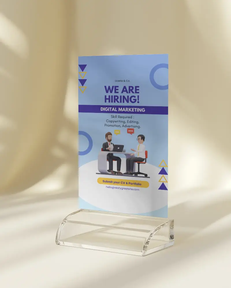 Vertical Flyer Mockup In Acrylic Stand On Pale Background With Elegant Light Reflections