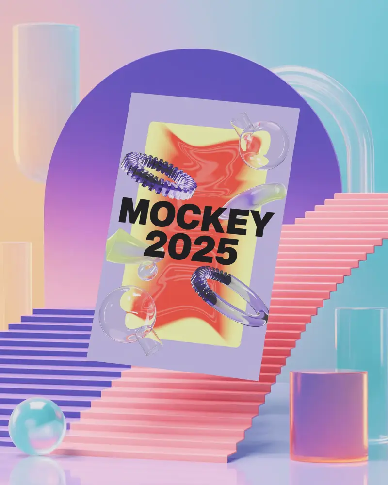 Pastel Dream Staircase A4 Flyer Mockup 3d Abstract Background Soft Gradient Colors Glass Objects Modern Creative Display