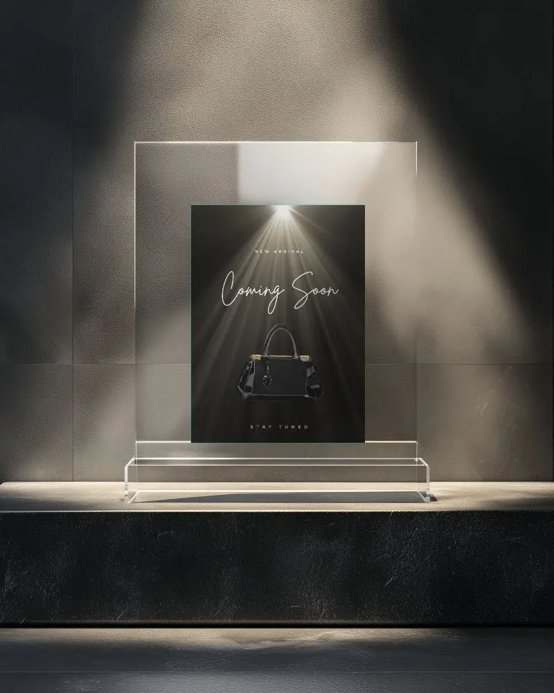 Elegant Flyer Mockup On Glass Stand In Dramatic Lighting Studio With Premium Black Wall Background