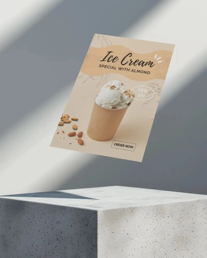 Angled Shadow Flyer Mockup Floating Above Concrete Pedestal With Crisp Natural Light And Geometric Composition