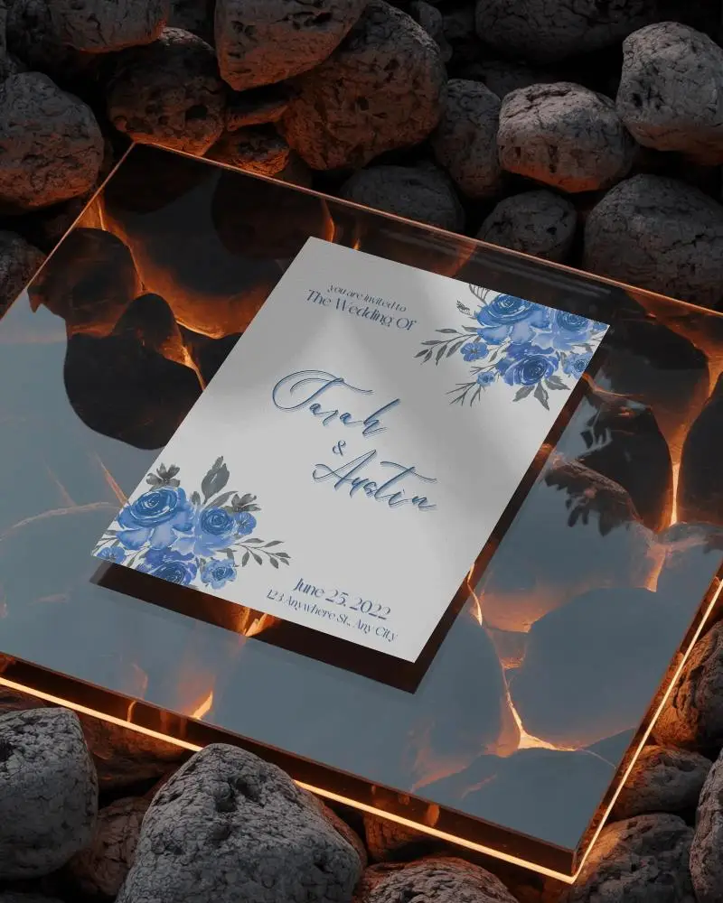 Fiery Glow Flyer Mockup On Glass Slab Above Volcanic Stones With Illuminated Edges And Bold Texture Contrast