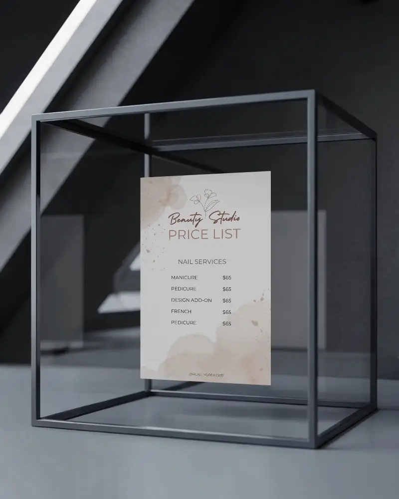 Luxury Display Flyer Mockup Suspended Inside Glass Cube Showcase In High Contrast Architectural Setting