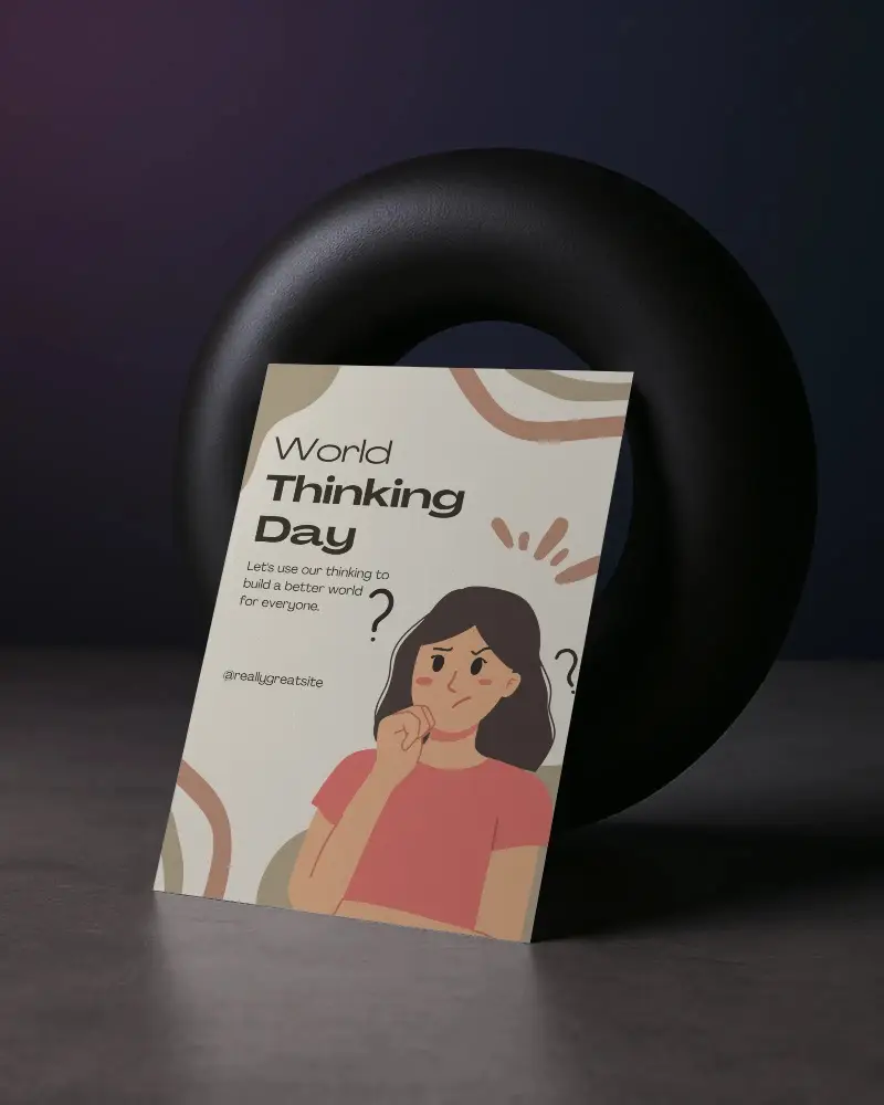 Moody Editorial Flyer Mockup Leaning Against Black Sculptural Ring On Concrete Surface With Dark Purple Light