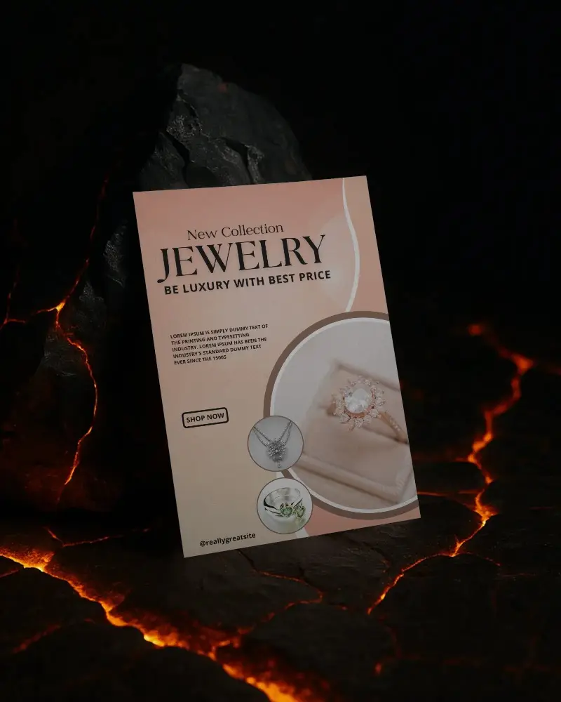 Volcanic Backdrop Flyer Mockup On Molten Lava Texture With Charcoal Rock And Glowing Fiery Cracks