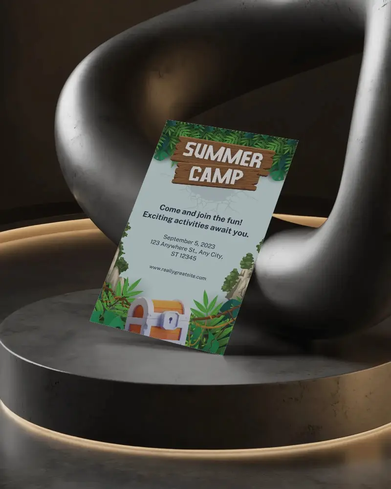 Futuristic Flyer Mockup Against Curved Metallic Sculpture On Round Podium With Moody Ambient Lighting