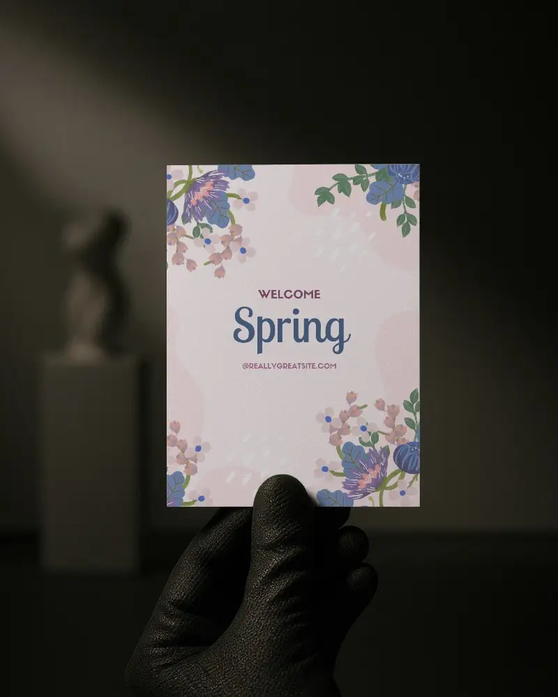 Noir Gallery Flyer Mockup Held By Black Gloved Hand With Art Sculpture In Shadowy Background