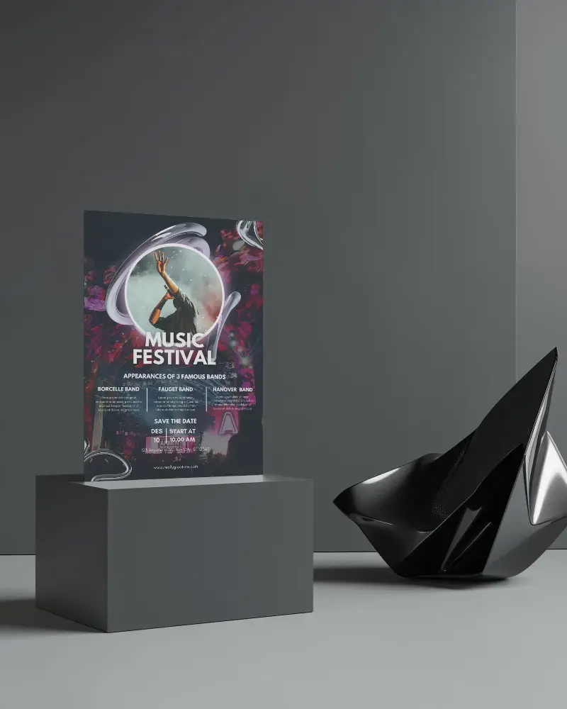 Modern Art Flyer Mockup On Grey Pedestal With Abstract Black Sculpture In Minimalist Architectural Space