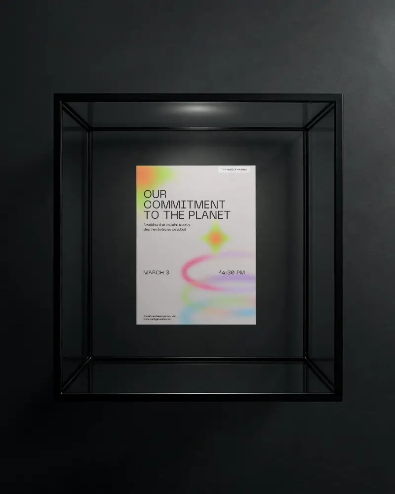 Premium Showcase Flyer Mockup Inside Glass Cube On Dark Wall Museum Style Presentation