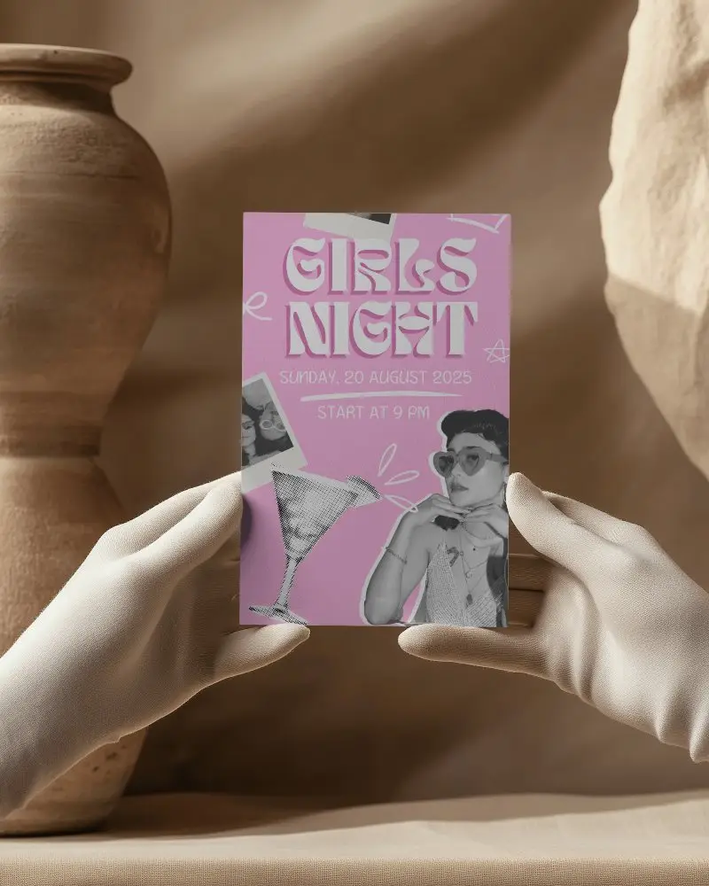 Artistic Studio Flyer Mockup Held By White Gloves With Sculptural Background In Earthy Tones