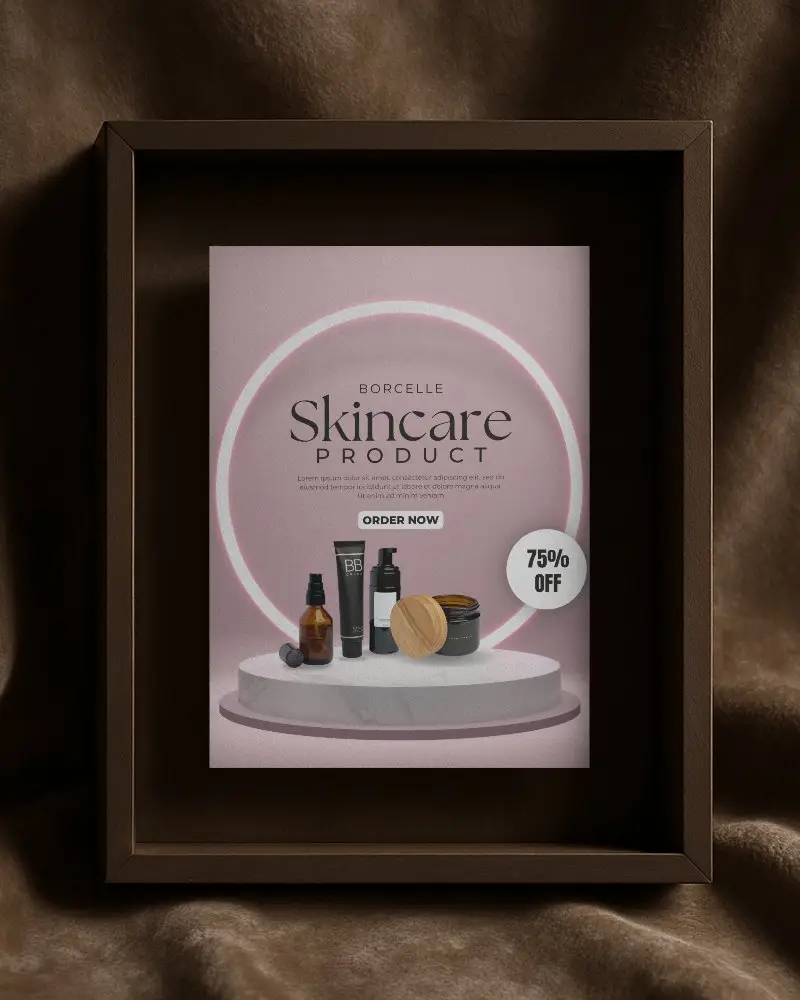 Elegant Framed Flyer Mockup In Brown Wooden Box Against Velvet Backdrop Luxury Presentation Style