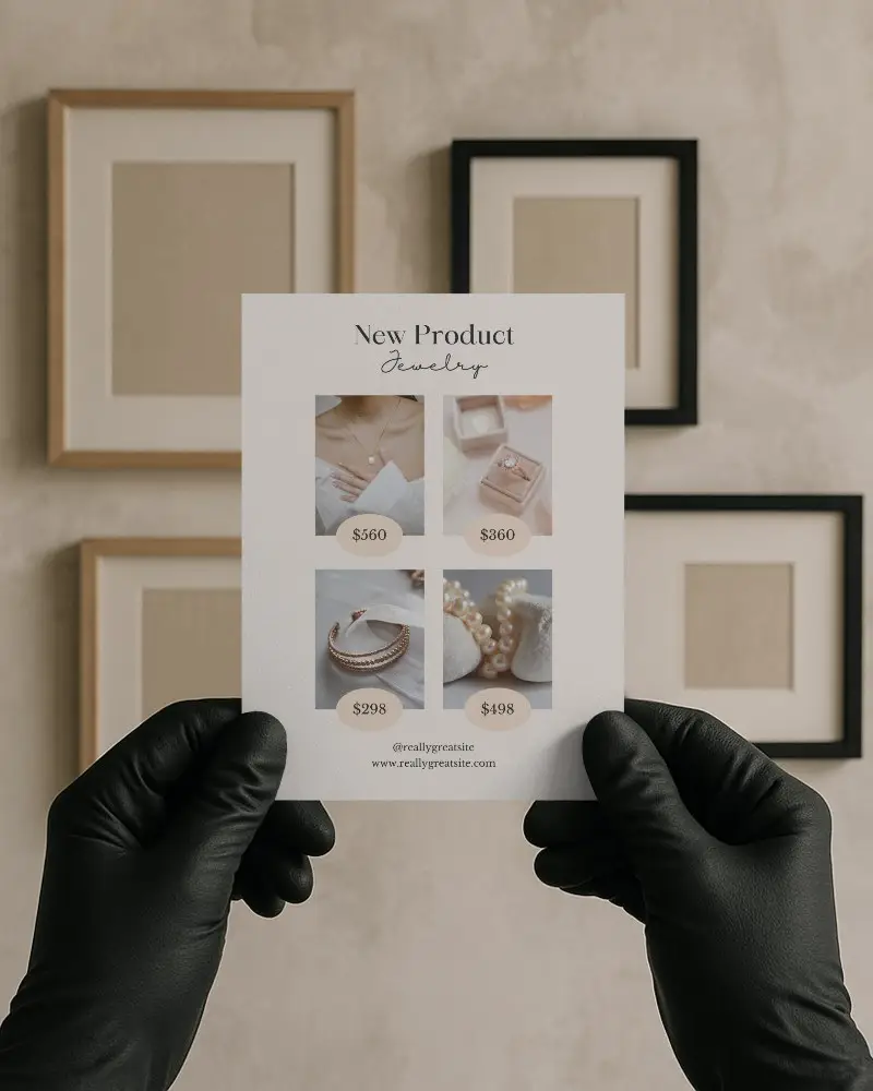 Minimal Gallery Flyer Mockup Held By Black Gloves Against Frame Wall Texture Clean And Neutral Setting