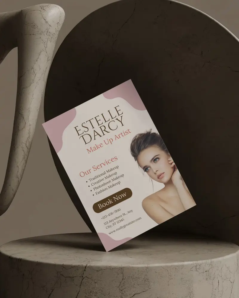 Abstract Sculpture Flyer Mockup Leaning On Marble Shapes In Earth Toned Minimalist Studio Scene