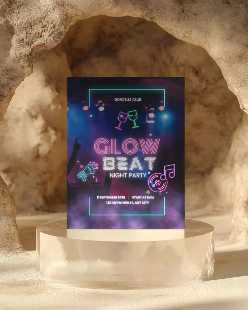 Sunlit Cave Flyer Mockup Standing On Glass Platform In Natural Sandstone Environment Soft Lighting