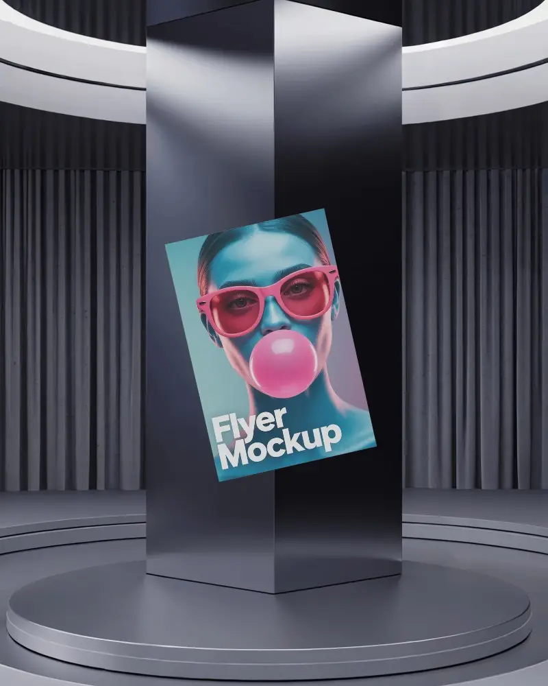 Futuristic Exhibit Flyer Mockup Angled On Metallic Pillar In Modern Showroom With Curved Light Accents