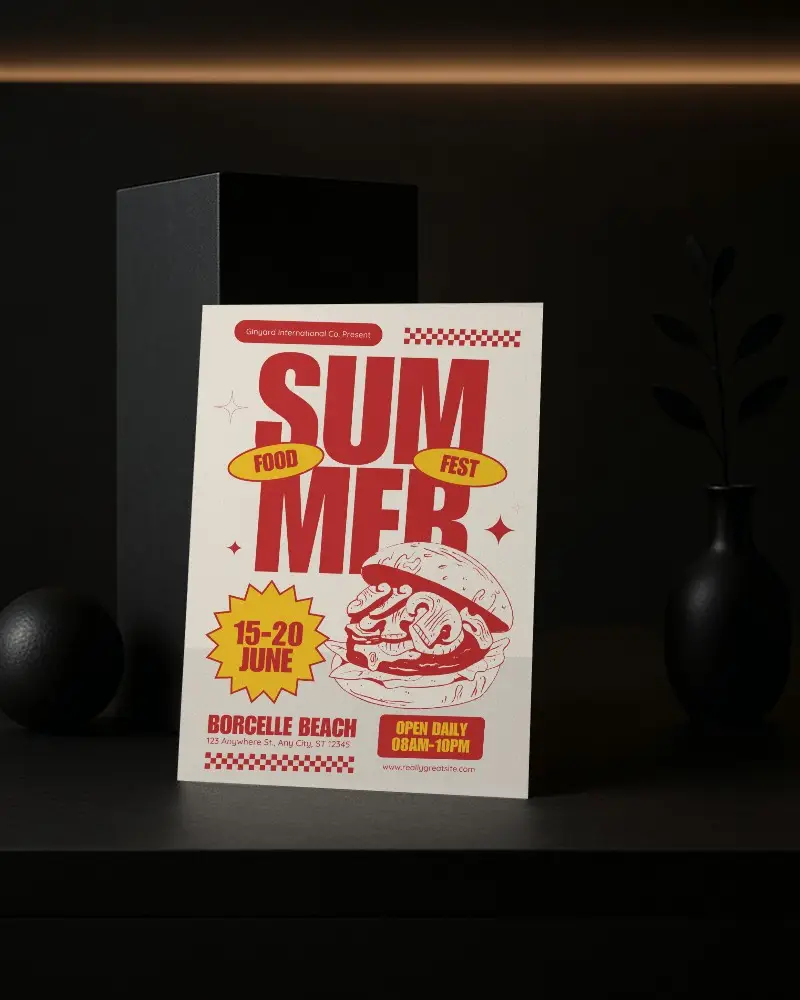 Luxury Black Flyer Mockup With Shadowed Vase And Sphere On Dark Shelf Matte Aesthetic Light Line Effect