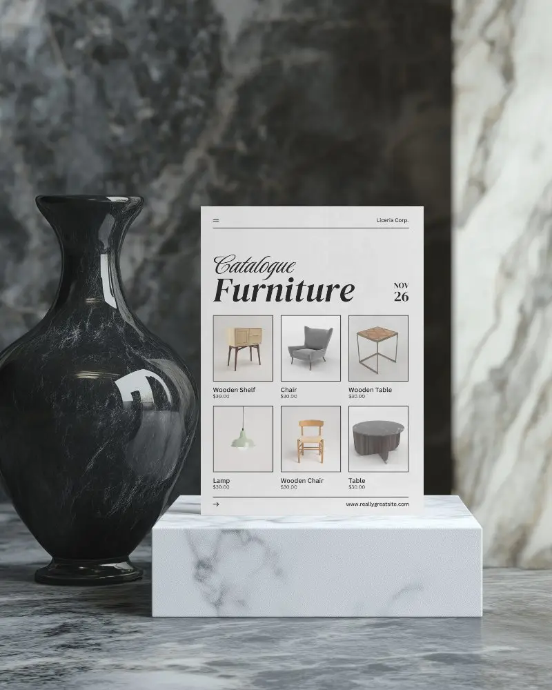 Luxury Marble Flyer Mockup With Black Glass Vase On White Platform In Elegant Interior Setting