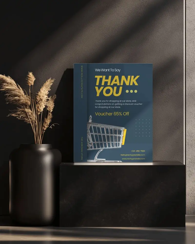 Dark Vase Flyer Mockup On Black Stone Block With Dramatic Light And Shadow Gradient Wall