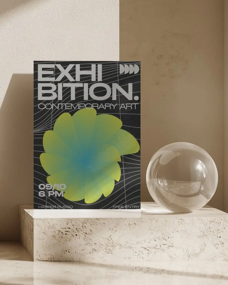 Elegant Flyer Mockup On Textured Marble Platform With Glass Orb And Sunlit Interior Setting