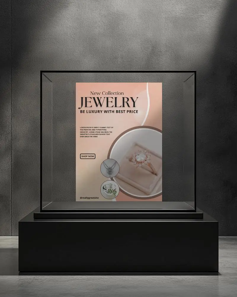Luxury Display Flyer Mockup In Glass Showcase On Black Pedestal Under Soft Angled Lighting