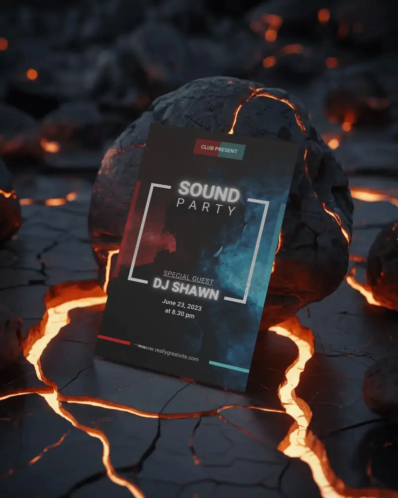 Cracked Volcanic Rock Flyer Mockup With Molten Lava Glowing Through Dark Gritty Surface Dynamic Lighting