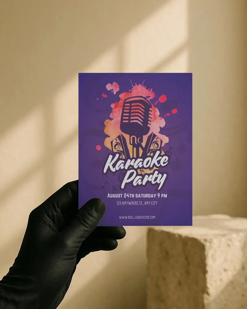 Black Gloved Hand Holding Flyer Mockup With Warm Natural Light Textured Beige Background