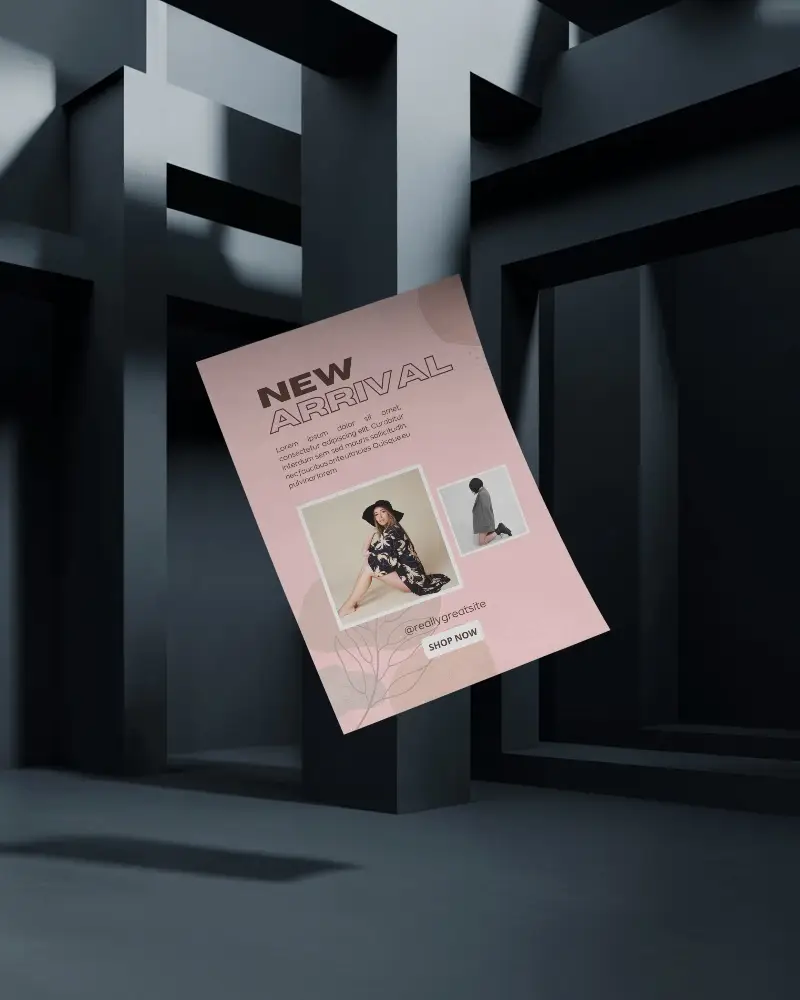 Modern Geometric Interior Flyer Mockup Floating In Dark Monochrome Architectural Space