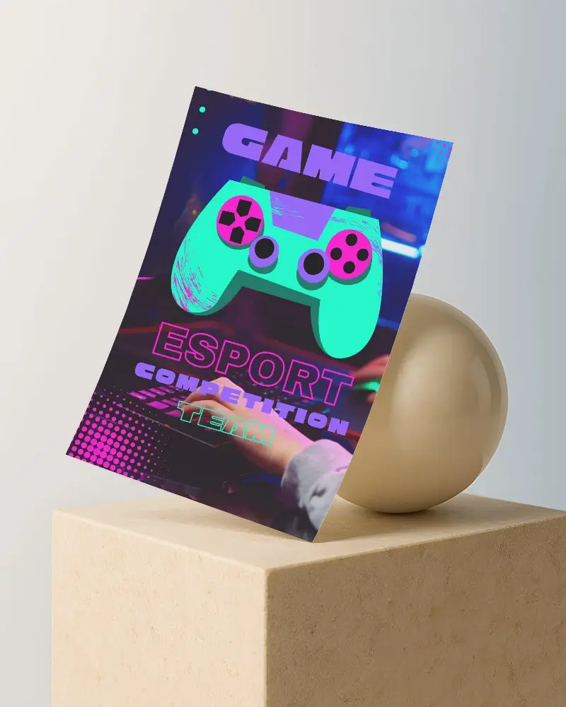 Beige Ball And Block A6 Flyer Mockup Leaning Against Ceramic Sphere Soft Daylight