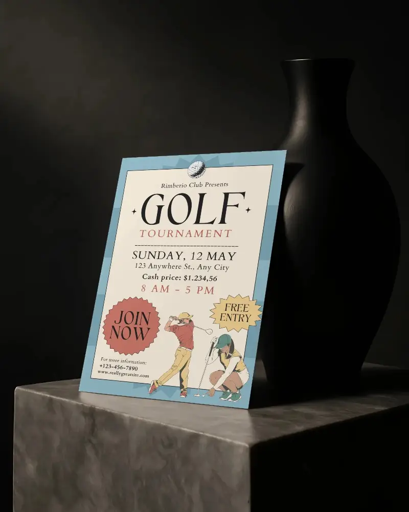 Black Vase A6 Flyer Mockup On Marble Block Moody Lighting Dark Background