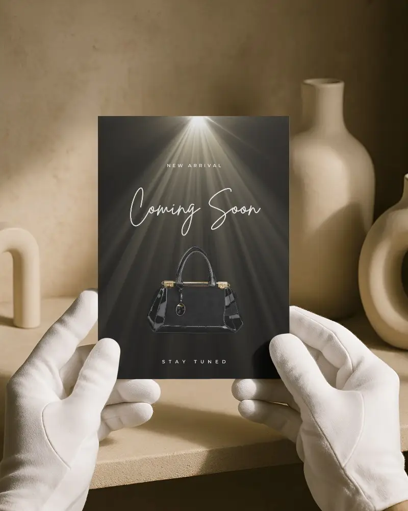 Beige Ceramic Objects A6 Flyer Mockup Held By White Gloved Hands Warm Lighting