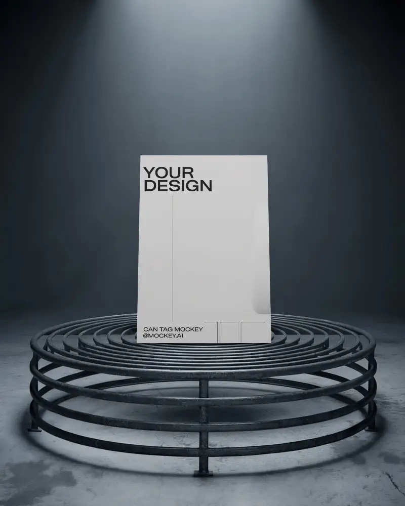 Dramatic Spotlight Flyer Mockup Blank Paper On Industrial Metal Platform Dark Studio
