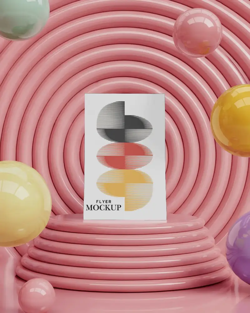 Playful A6 Flyer Mockup Colorful Balloons And Pink Spiral Podium Background