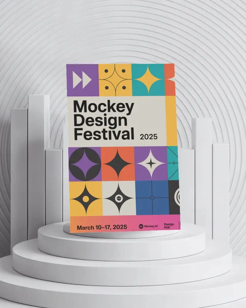 Minimalistic A4 Flyer Mockup On Cylindrical Platform With Architectural Pillars And Concentric Rippled Wall