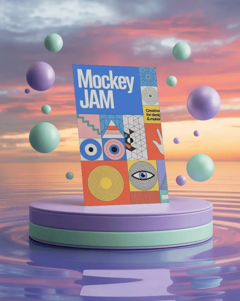 Dreamy Sky A4 Flyer Mockup Hovering On Glossy Platform With Colorful 3d Bubbles And Vibrant Evening Backdrop