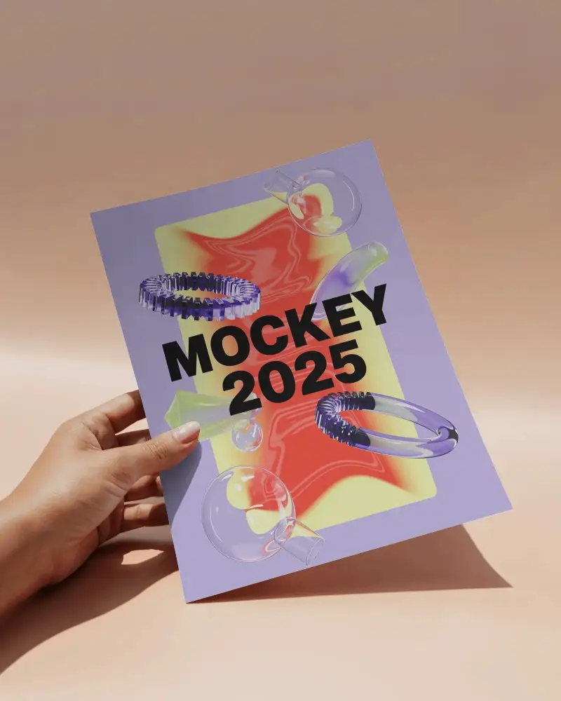 Minimal Hand Holding Flyer Mockup On Beige Backdrop With Soft Shadows And Natural Sunlight