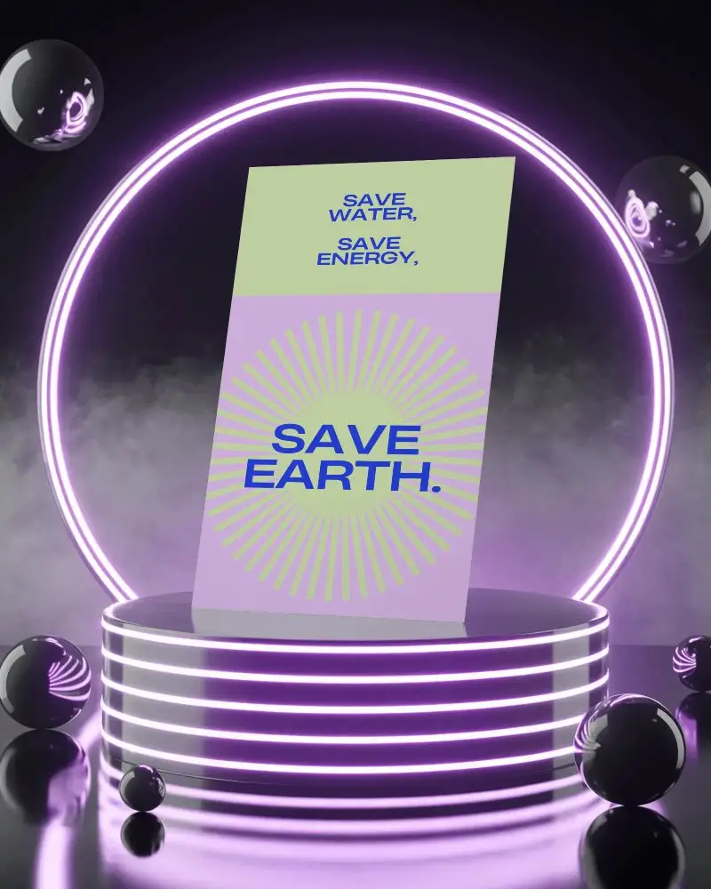 Futuristic Neon A4 Flyer Mockup On Glowing Purple Podium With Smoky Backdrop And Black Glossy Spheres