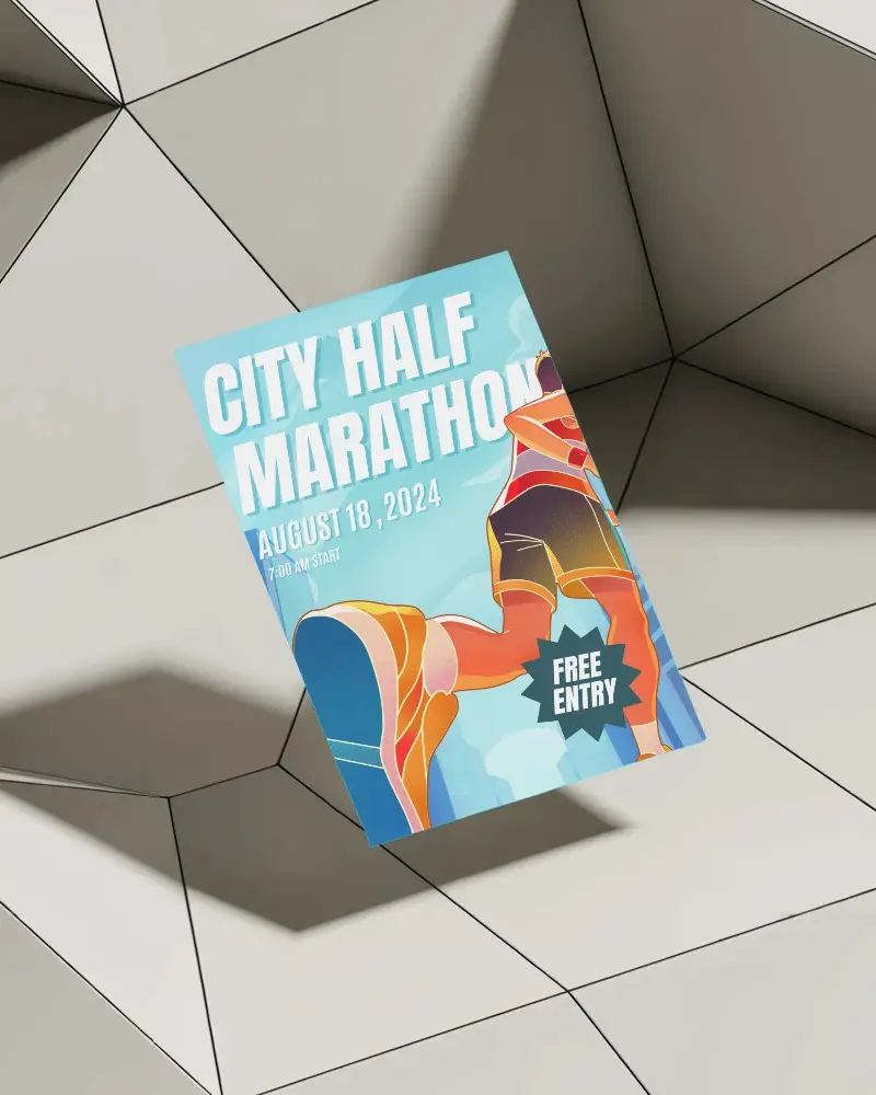 Floating A5 Flyer Mockup In Architectural Cube Environment With Polygonal Grid And Sharp Contrast Shadow