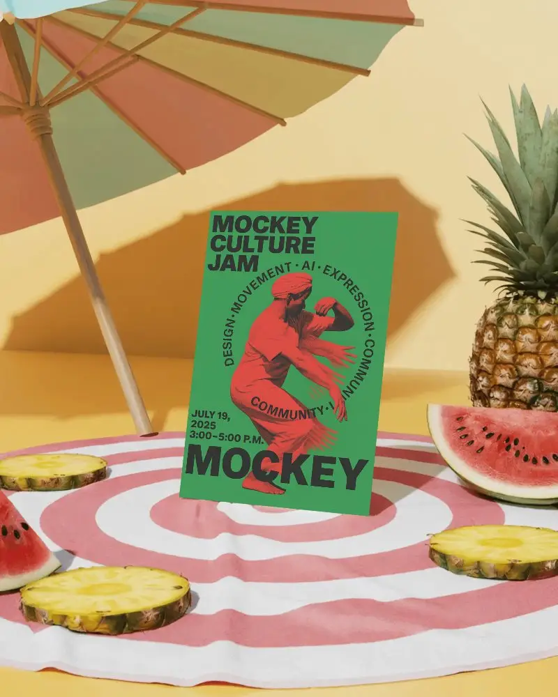 Bright Seasonal A5 Flyer Mockup With Fruits And Beach Props On Colorful Towel And Yellow Sunlit Setting