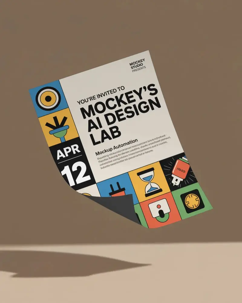 Floating Curved A4 Flyer Mockup Casting Soft Shadow On Beige Surface With Warm Toned Background