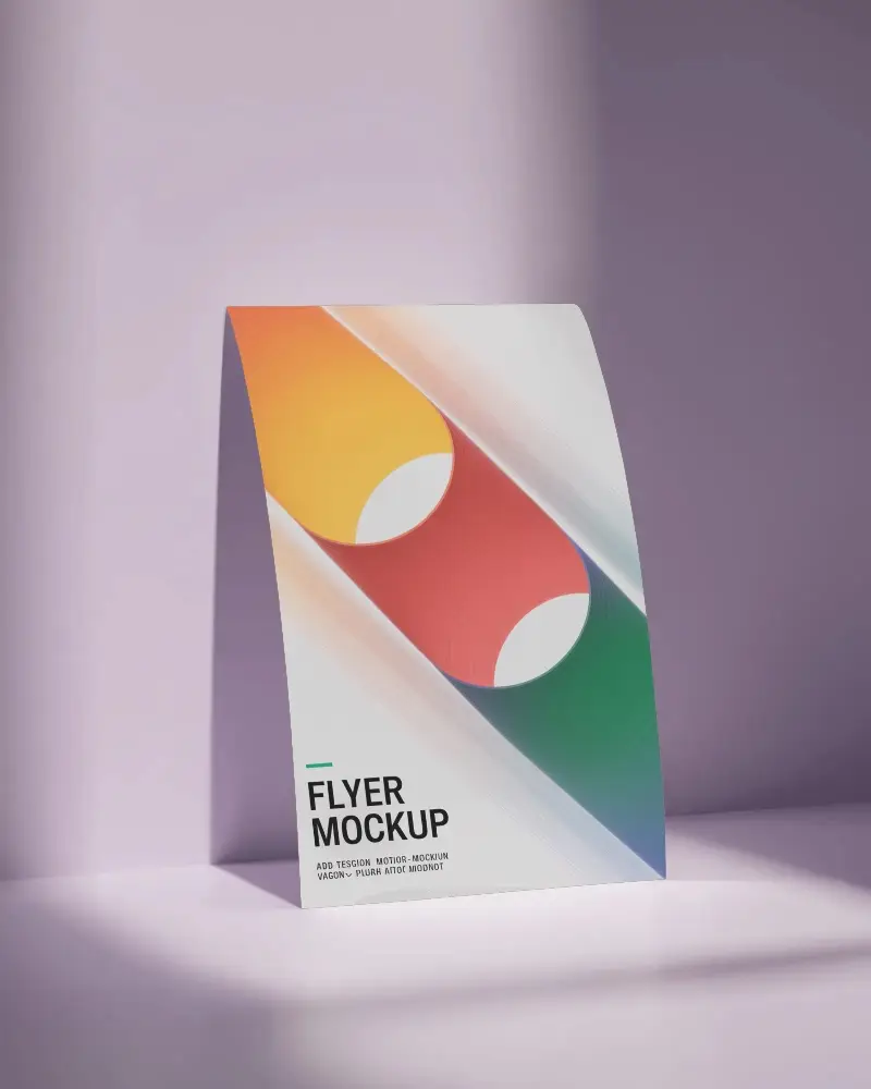 Curved A4 Flyer Mockup Leaning On Lavender Wall With Soft Light And Shadows In Minimal Studio