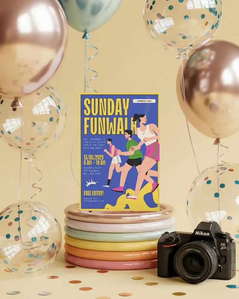 Creative Photo Shoot Flyer Mockup With Balloon Decorations And Vintage Camera Display