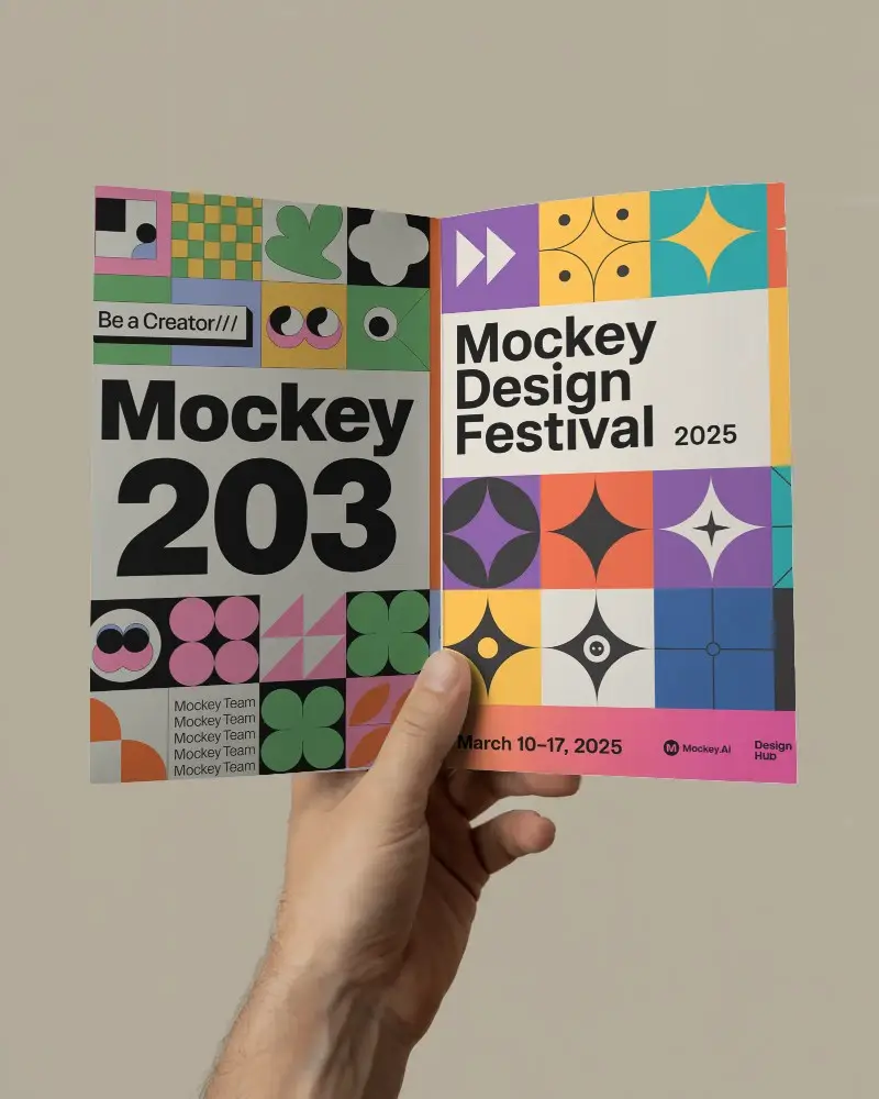 Hand Holding Open Bifold Flyer Mockup For Custom Print Design Promotion Advertisement