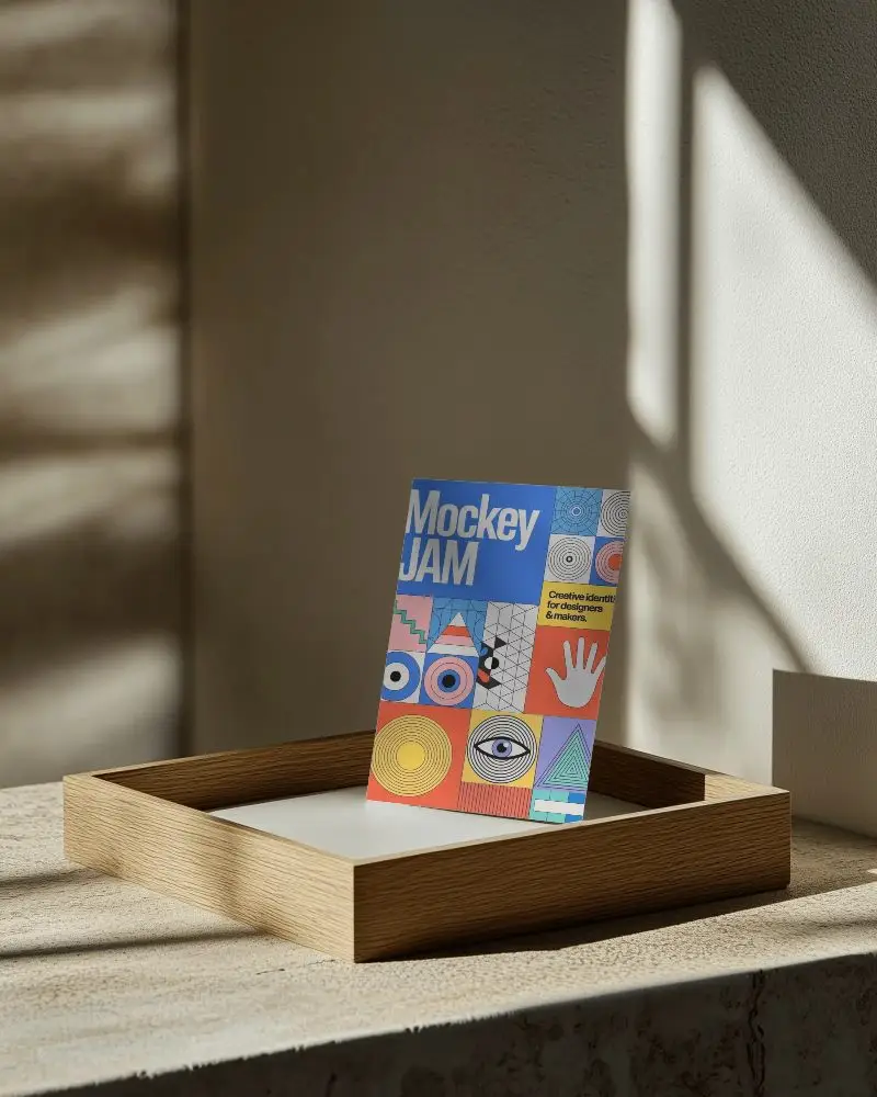 Minimalist Flyer Mockup With Wooden Tray And Natural Light Shadow Play