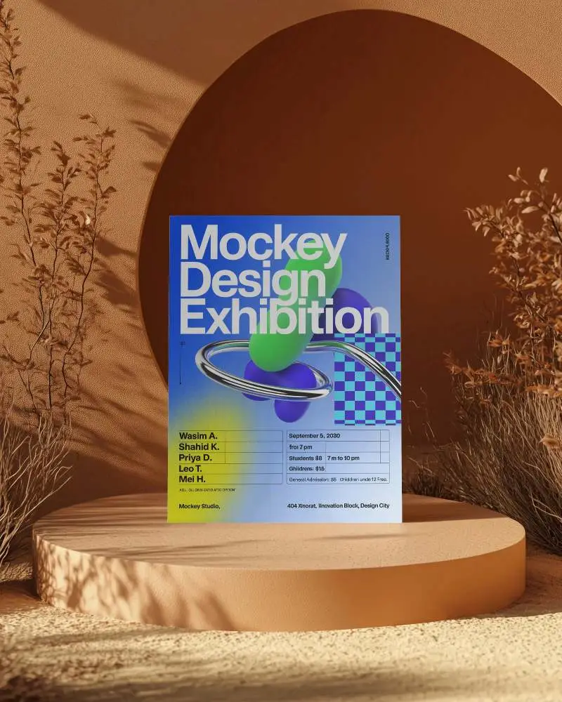 Vertical Flyer Mockup With Arch Shape Background And Natural Plants Around Podium