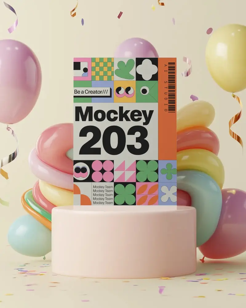 Festive Event Flyer Mockup With Colorful Balloons And Podium Display