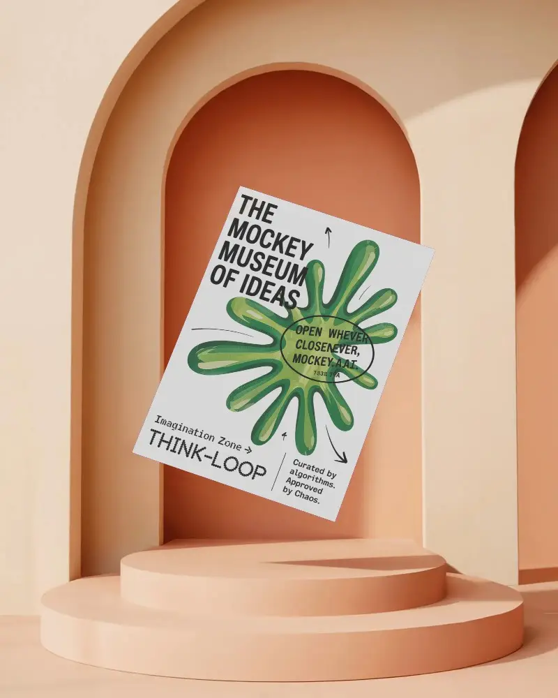 Minimalistic A4 Flyer Mockup Floating Above Round Podium With Arched Background Design