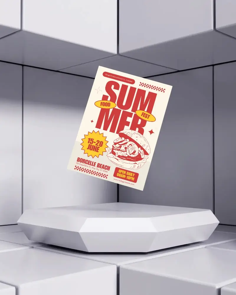 Modern Floating Flyer Mockup On Geometric Platform For Promotional Design Showcase